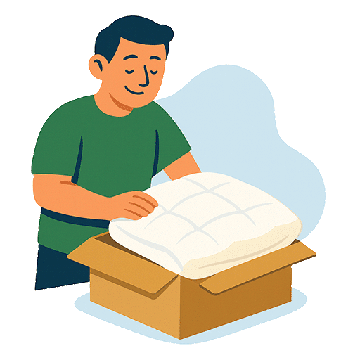 Mann öffnet eine Verpackung mit einer weißen Decke aus weichem Material.