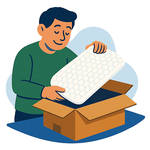 Illustration eines Mannes, der ein Kissen aus Verpackung nimmt, für Kissen-Retoure.