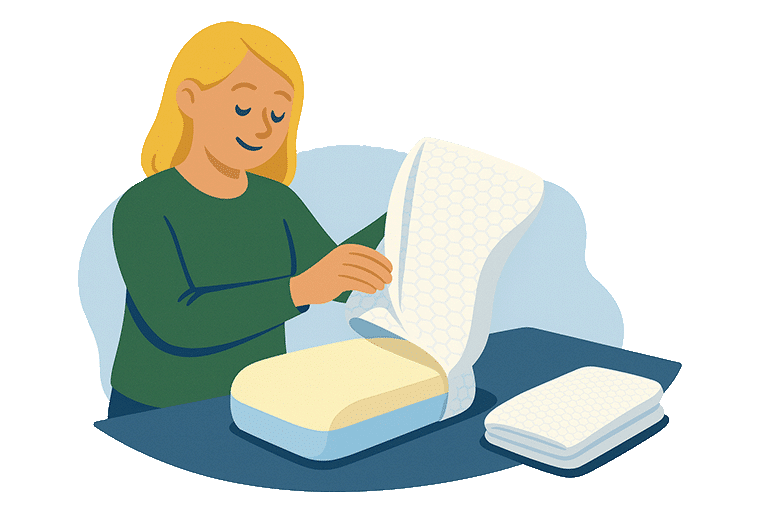 Person beim Verpacken eines weißen, weichen Kissenbezugs aus Stoff.