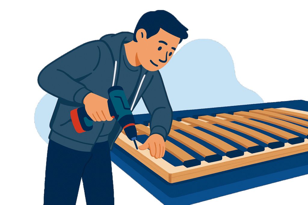 Mann bei der Herstellung eines Lattenrosts mit Holzlatten und Werkzeug.