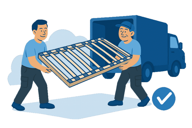 Zwei Männer laden einen Lattenrost auf einen Transporter, ohne Gesicht.