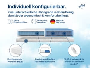 Individuell konfigurierbare Partnermatratze mit zwei unterschiedlichen Härtegraden, 24 cm Höhe, made in Germany.