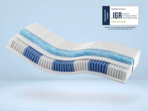 Produktbild eines medizinischen Gelmatratzenmodells GelTFK1000 mit blauen und weißen Segmenten, seitliche Ansicht