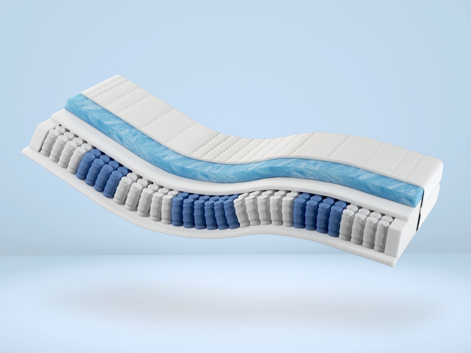 Weicher, ergonomischer Memory-Schaum-Kopfkissen mit blauen und weißen Bezug.