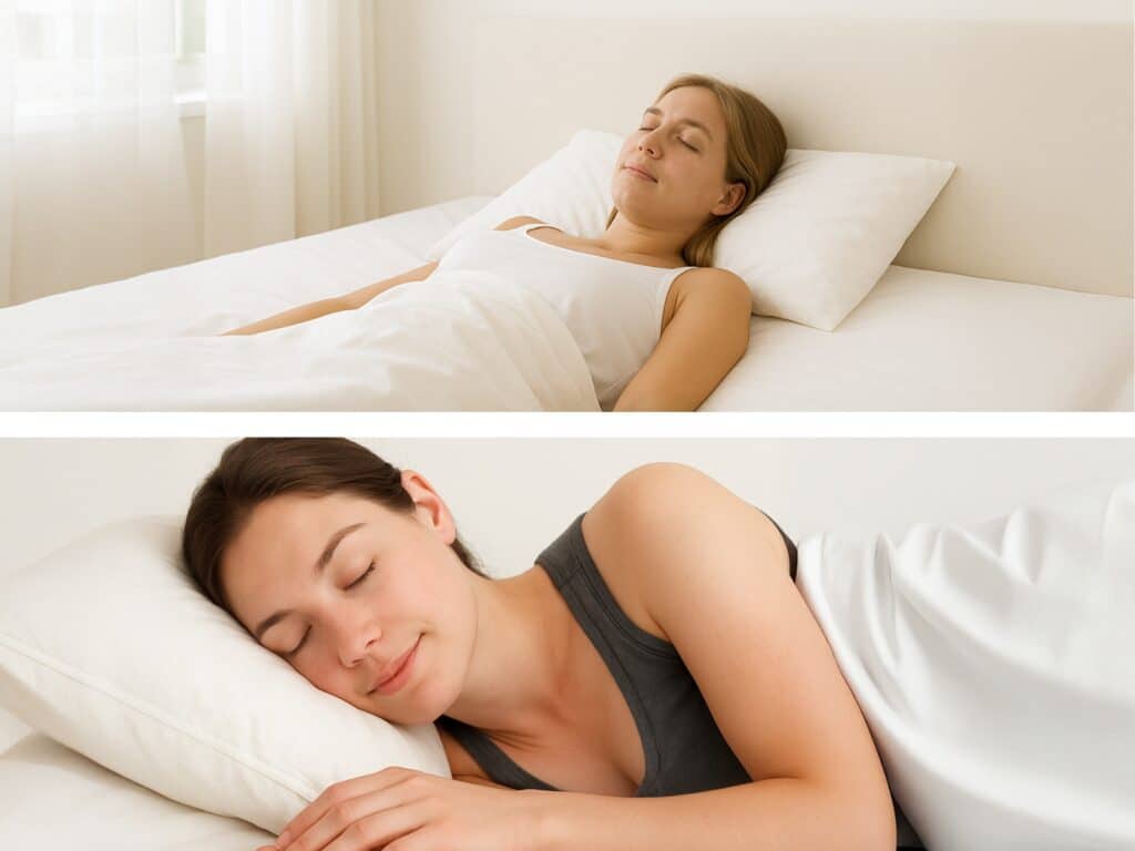 Zwei Personen schlafen auf unterschiedlichen Seiten, Rücken- und Seitenschläfer, auf weißen Betten.