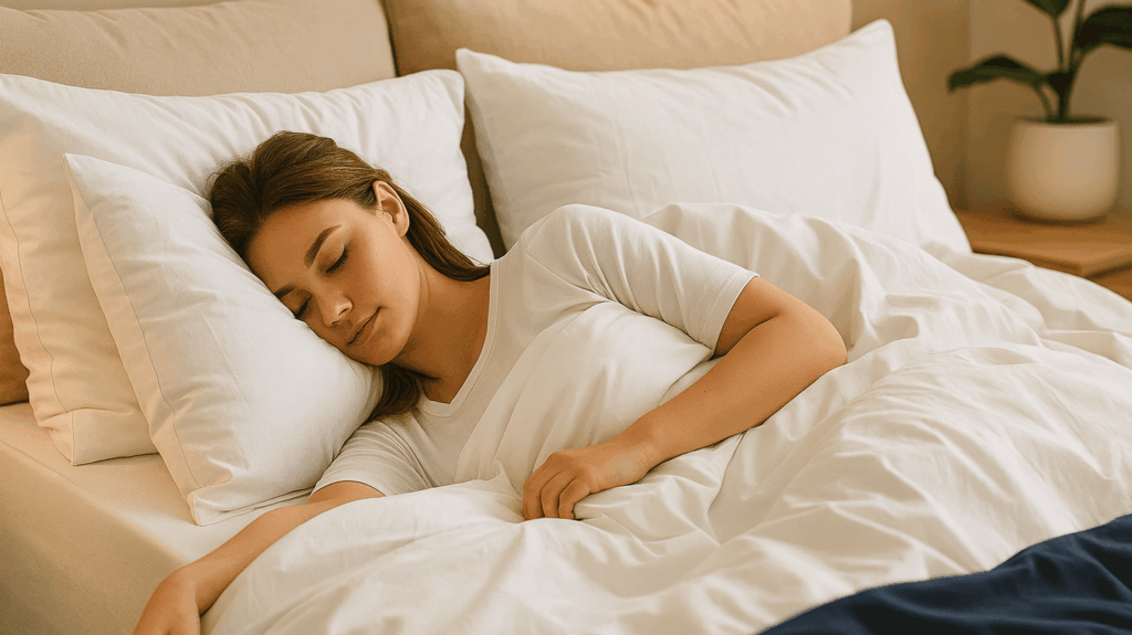 Frau liegt schlafend auf einem Bett mit weißen Bettwaren und Kissen.