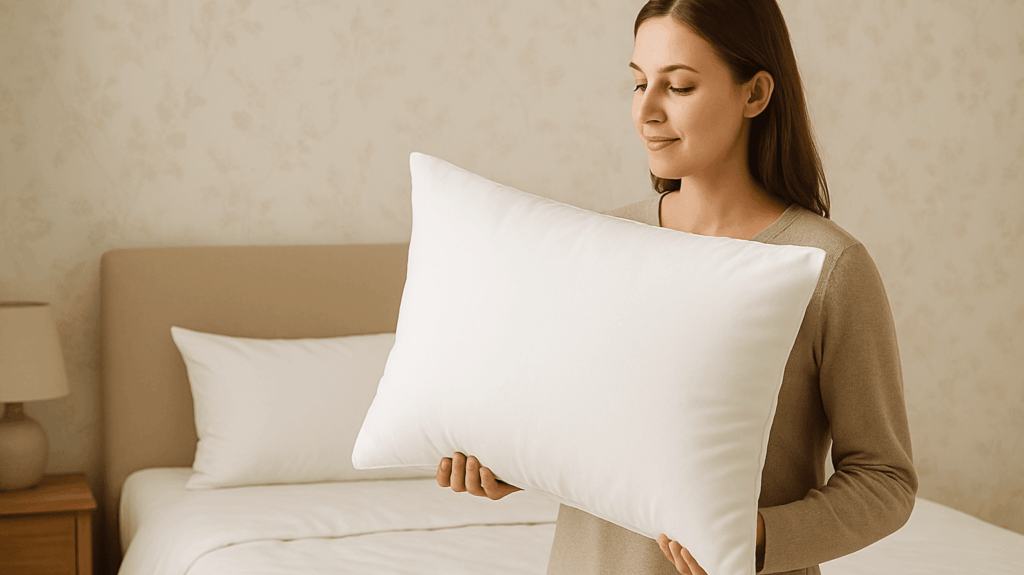 Person hält ein großes, weißes Kissen in einem Schlafzimmer.