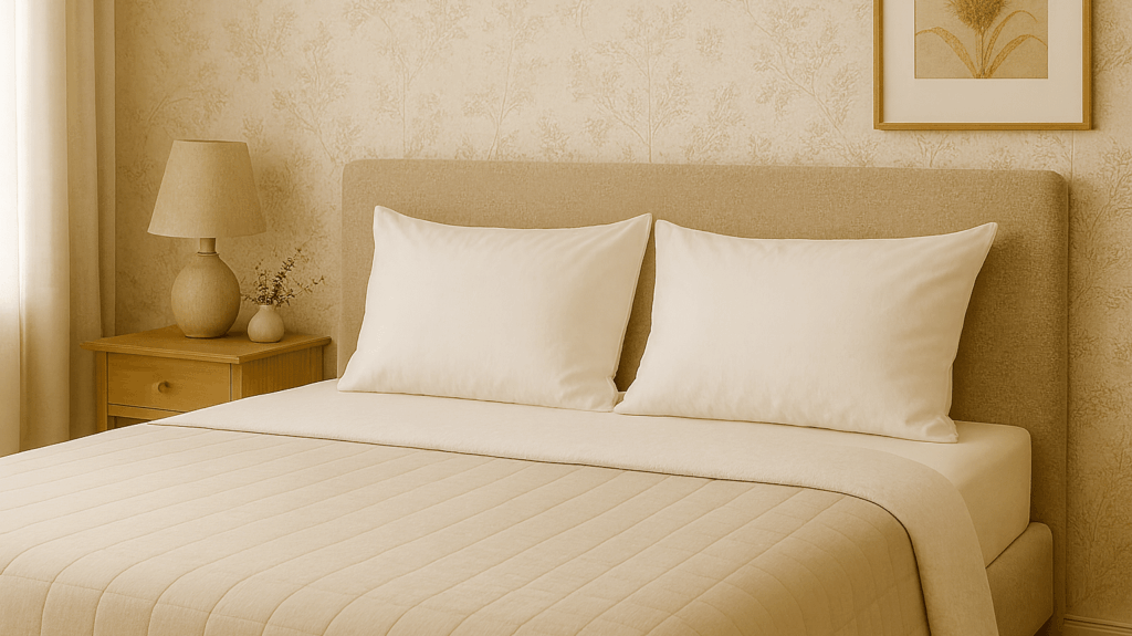 Weißes Kissen auf einem Bett mit beige Bezugsstoff und Nachttisch mit Lampe.