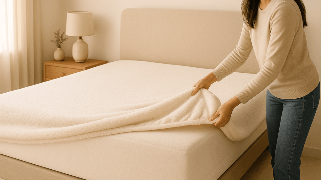 Frau legt ein weißes Bettlaken auf ein Bett.
