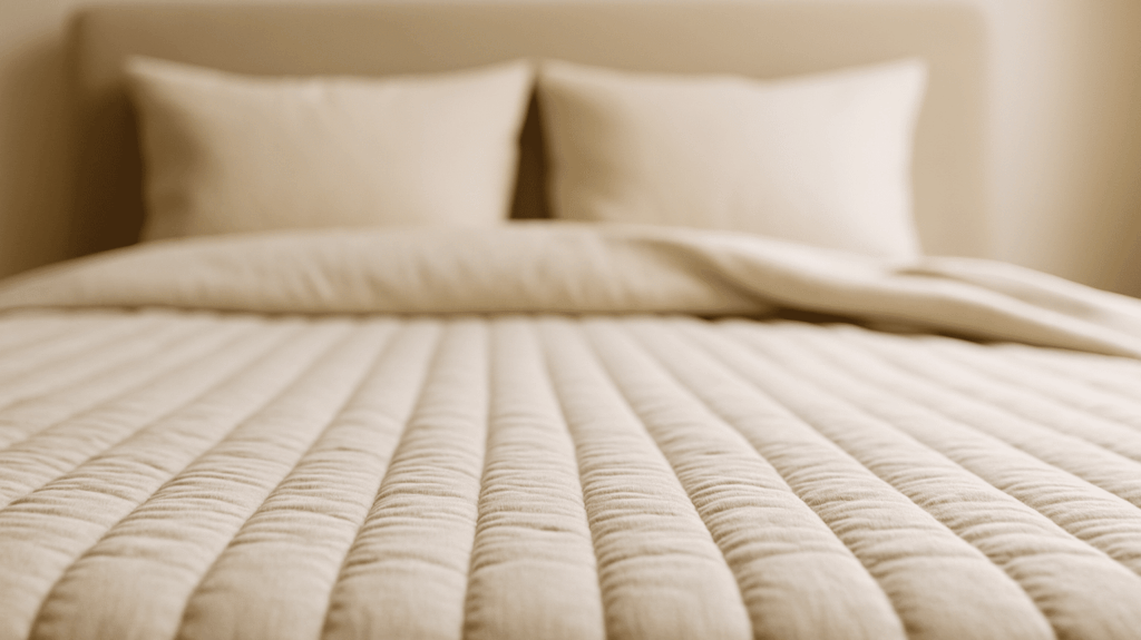 Weißer Lattenrost mit gepolstertem Bezug und horizontaler Rillenstruktur.