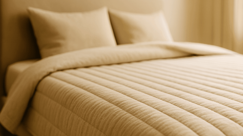 Weicher, beige Lattenrost mit gepolstertem Bezug auf einem Bett mit Kopfkissen