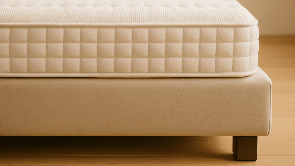 Hochwertiger beige Lattenrost mit gepolstertem Bezug und stabiler Holzunterkonstruktion