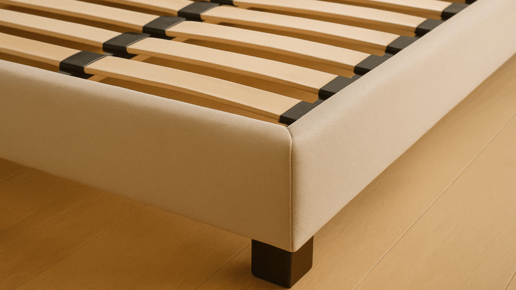 Holzlattenrost mit weißem Rahmen und schwarzen Füßen, Nahaufnahme