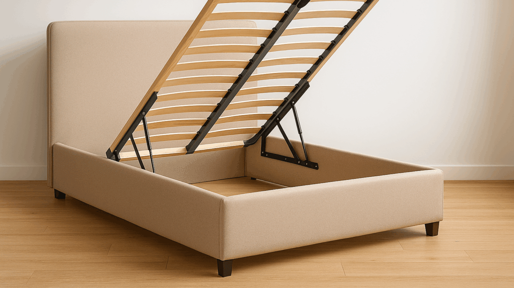 Bettenrahmen mit verstellbarem Lattenrost in Holzoptik und beige Stoff, ohne Matratze.