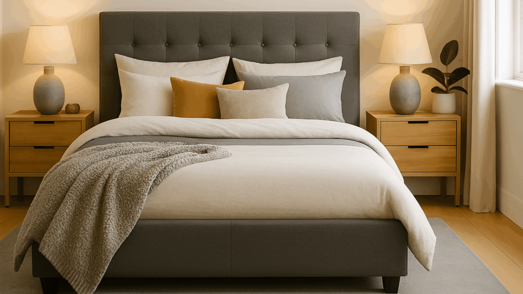 Modernes Doppelbett mit grauem Kopfteil, weißen und braunen Kissen, beige Decke und Nachttischen mit Lampen