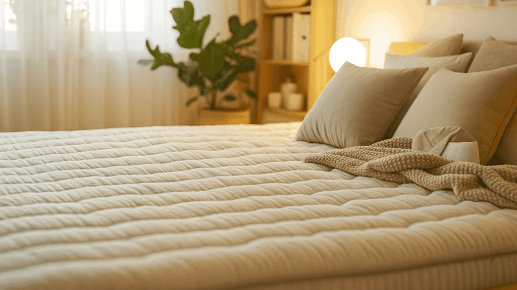 Bett mit weißer, gesteppten Bettdecke und zwei Kissen in einem Schlafzimmer.