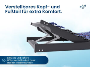 Produktbild eines schwarzen, verstellbaren Kopf- und Fußteils für einen Lattenrost, mit Metallmechanismus.