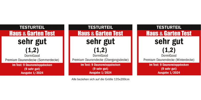 Drei Testurteile für die DormiGood Premium Daunendecken: Sommerdecke, Übergangsdecke und Winterdecke, jeweils Größe 135x200 cm, Note sehr gut.