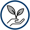 Symbol einer Hand, die ein Pflänzchen mit zwei Blättern hält, in einem runden Rahmen.