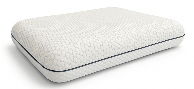 Weiches, weißes Kissen mit hexagonaler Musterung und schwarzem Reißverschluss.