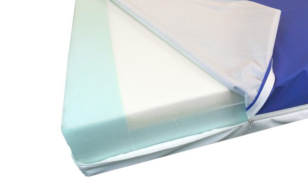 Eine Matratze mit abnehmbarem, blauen Bezug und mehrschichtiger, grüner und weißer Schaumstoffstruktur.