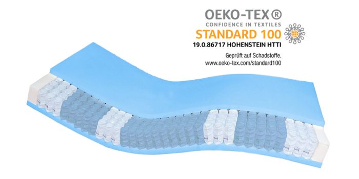 Matratze mit blauer Oberseite und weißen, punktelastischen Taschenfedern, zertifiziert nach ÖKO-TEX Standard 100.