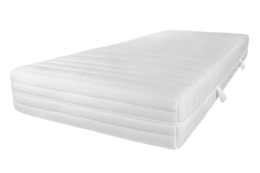 Eine weiße Matratze mit gestepptem Bezug und zwei Griffen an den Seiten.