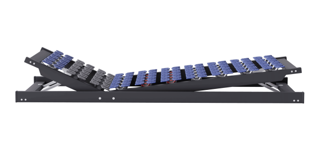 Seitlicher Blick auf einen Tellerlattenrost mit schwarzem Rahmen und blauen Latten.