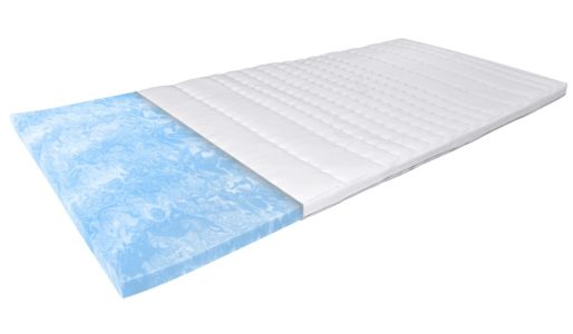 Hypersoft Topper in Weiß mit blauer, weicher Schaumstoffunterlage für optimalen Schlafkomfort.