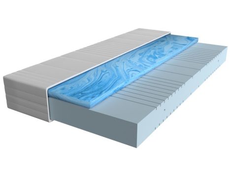 Produktbild eines Kaltschaum-Gelschaummatratzens mit blauer Gelschicht und strukturiertem Unterbau.